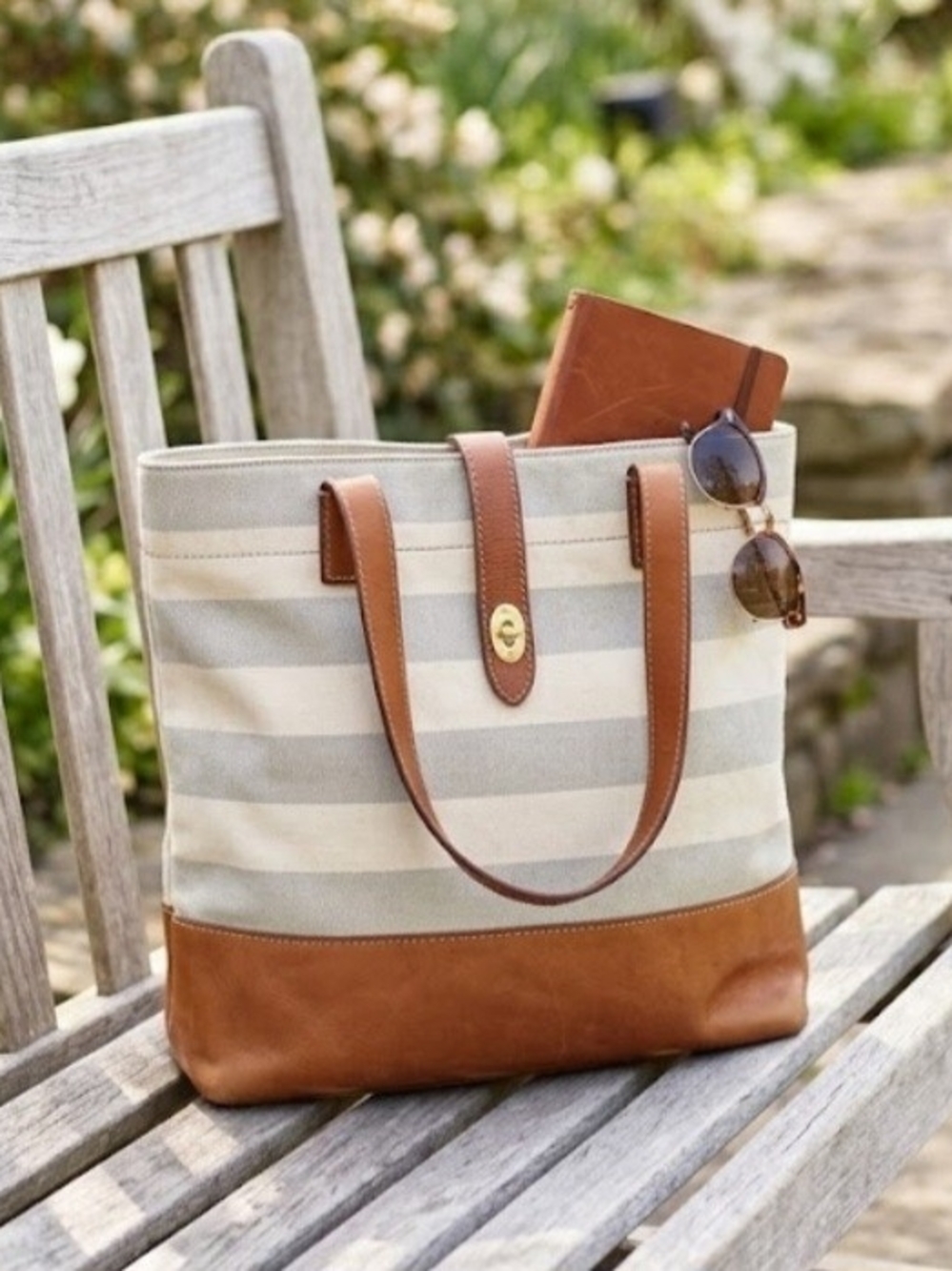 Fossil Neutral Striped Canvas & Brown Leather Trim Tote Bag Brass Turn-Lock